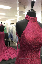 High Neck Backless Burgundy Lace long Semi Formal Prom Dresses, Long Burgundy Lace Formal Evening Dresses, Burgundy Ball Gown